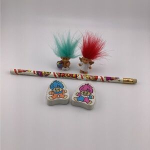 Vintage Troll Items Lot - Pencil, Erasers, and Figures
